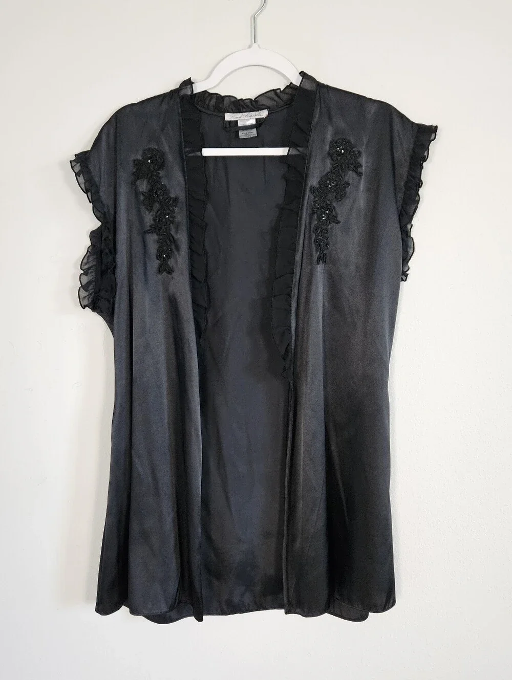 Linea Donatella Black Satin Short Wrap Chemise Ruffle Sleeve Floral Embroidered